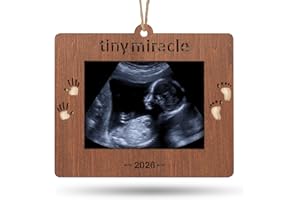 Creawoo 2026 Tiny Miracle Christmas Keepsake Ornament Sonogram Picture Frame Ultrasound Photo Frame Idea XMAS Gift for Expecting Parents and Grandparents, Wooden Christmas Tree Decoration