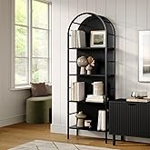 Stead 4-Tier Arched Wood Book Shelf - Black Metal Frame, Wood Panel Backing - Arched Bookcase with Backing, Narrow Black Book
