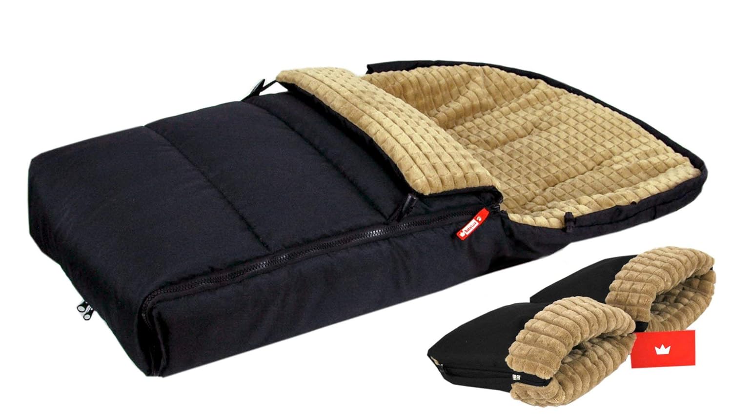 BABYLUX Fußsack 90cm MINKY Kinderwagen Buggy Babyschale Thermo +/ Muff Handmuff Winterfußsack (Schwarz + Beige mit Handmuff)