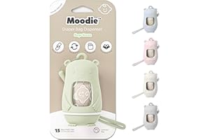 MOODIE Teddy Bear Diaper Bag Dispenser | Diaper Trash Bags on the Go Dispenser w/Silicon Strap | 15 UNSCENTED Baby Poop Bags per Roll | Dirty Diaper Bags Disposable | Diaper Waste Bags (SAGE GREEN)