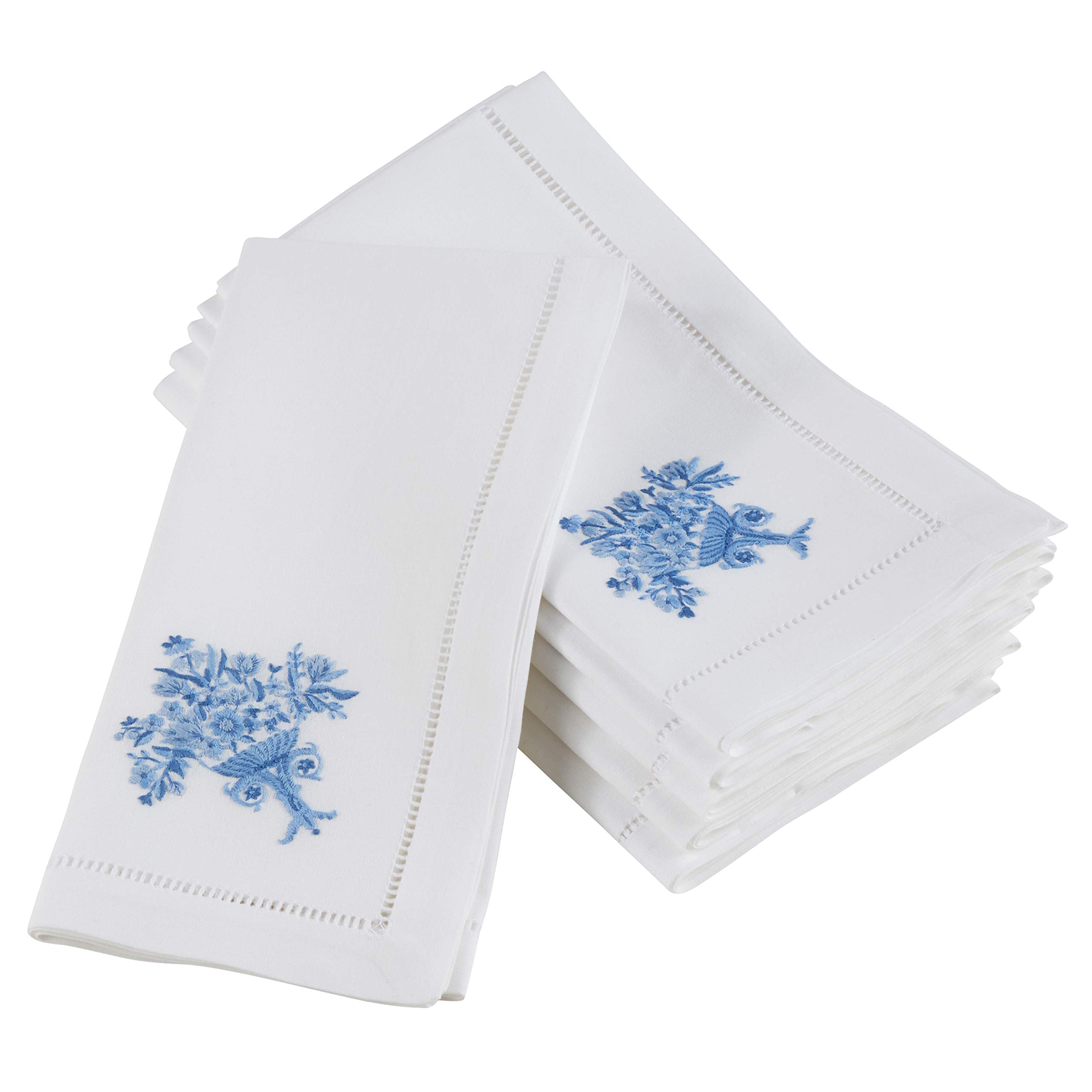 Handmade Floral Vase Embroidery Napkin with Hemstitched Border (Set of 6)