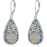 Sunflower Earrings Sterling Silver Abalone Shell Dangle Drop Earrings Filigree Sunflower Jewelry for Women Mom