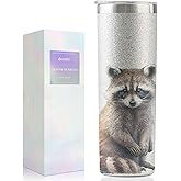 Onebttl Raccoon Gifts for Women, Insulated 20 oz Stainless Steel Skinny Tumbler with Straw, Brush, Lid, and Gifts Box, Glitter Silver