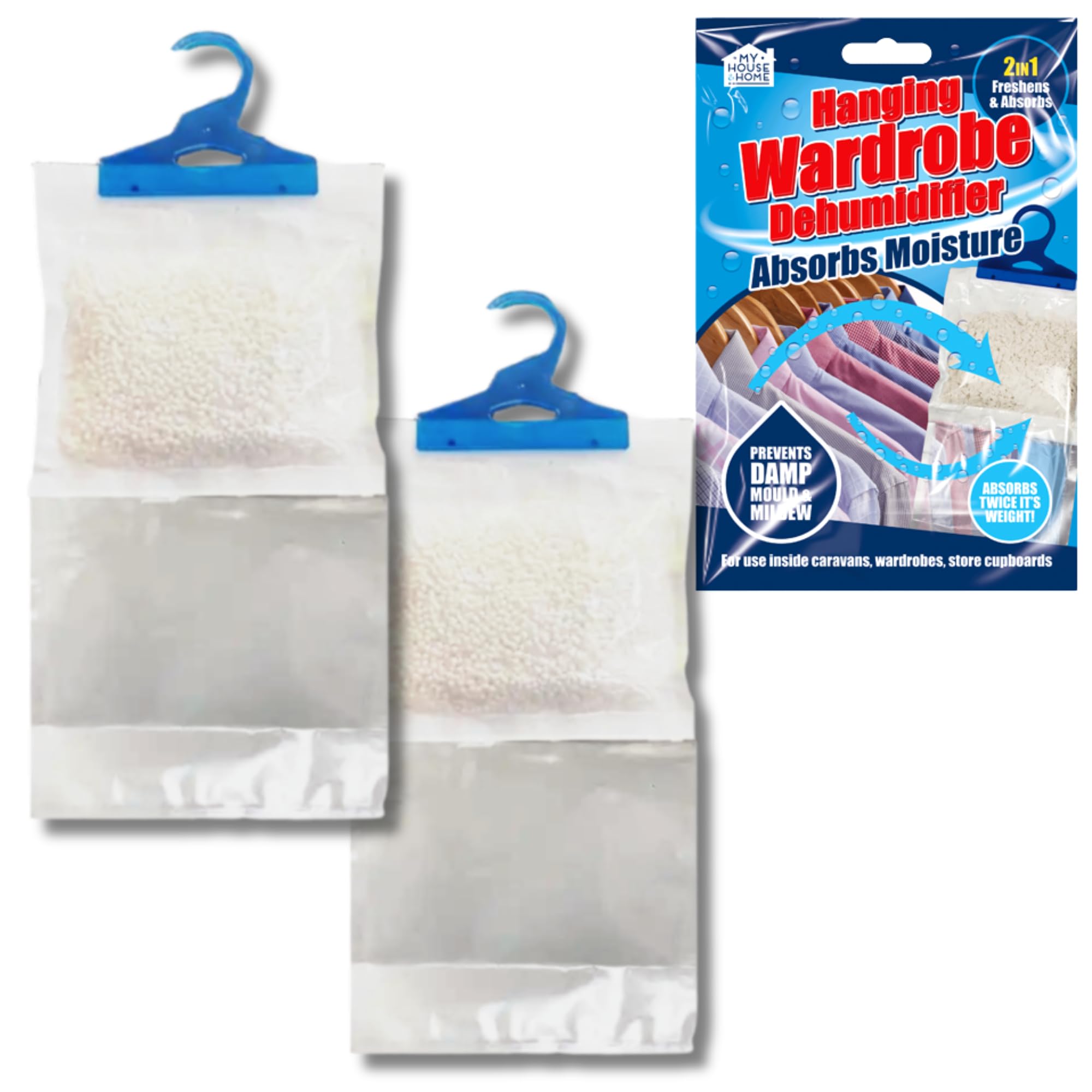 2 Pack Hanging Wardrobe Dehumidifier- Hook Design Leak Proof Storage Bag Improve Air Quality, Prevents Damp Mildew Mould, Ideal Wardrobes Caravans Cupboard Accessory