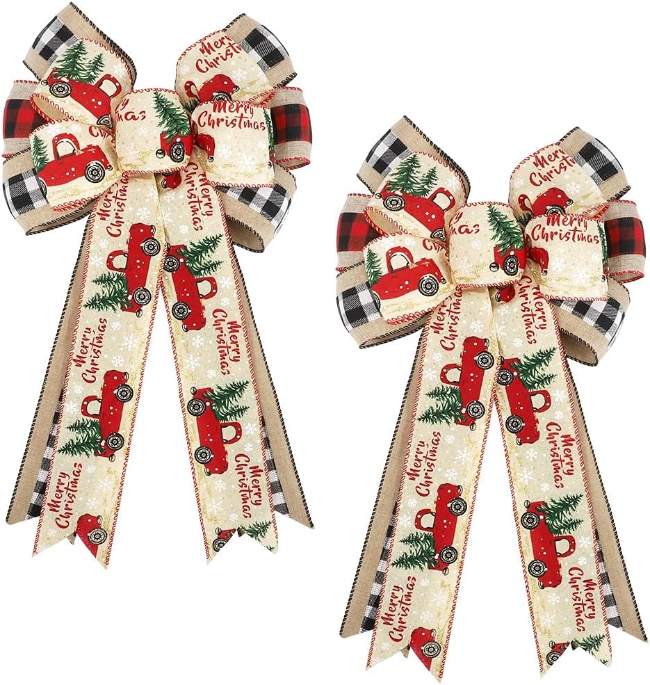 Bows & Ribbons - Kalekey Christmas Bow - 2 Pack Large Truck Red Black Plaid Burlap Wired Bow for Christmas Wreath, Xmas Party, Christmas Tree Topper, Presents, Stair, Door, Indoor Outdoor Wall Decorations WG30
