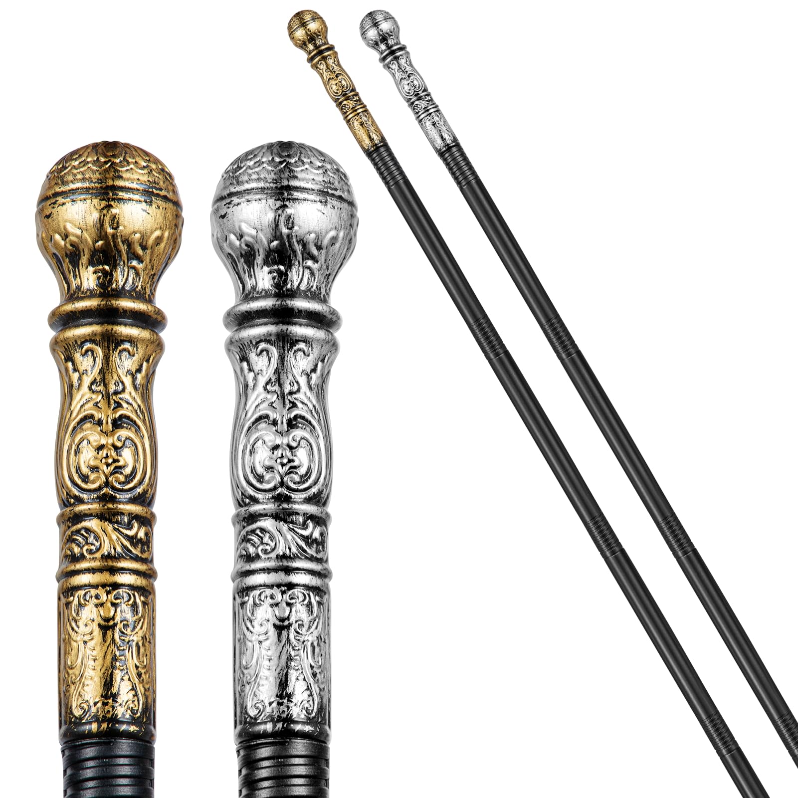 Halloween Vintage Cane Scepter Wizard Staff, 4-Section King Staff 55 inches Golden/Silver Elegant Prop Stick Scepter Walking Canes for Adult Dress-up play and pretend Parties (gold+silver 2pcs)