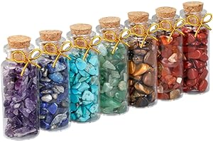SUNYIK 7 Chakra Stone Wishing Bottles Set of 7, Tumble Chip Crystal Healing Reiki Wicca Stones Kit