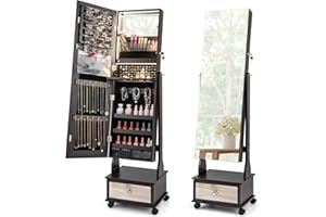 CHARMAID Rolling Jewelry Armoire with Full Length Mirror, Lockable Standing Jewelry Cabinet Organizer with Wheels & 3-Color Lights, Mirror with Jewelry Storage, Drawers & Shelves (Espresso)