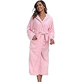 Womens Hooded Plush Bathrobe Warm Fleece Soft Long Robe Fuzzy Full Length Gown Shower Spa House Kimono for Women