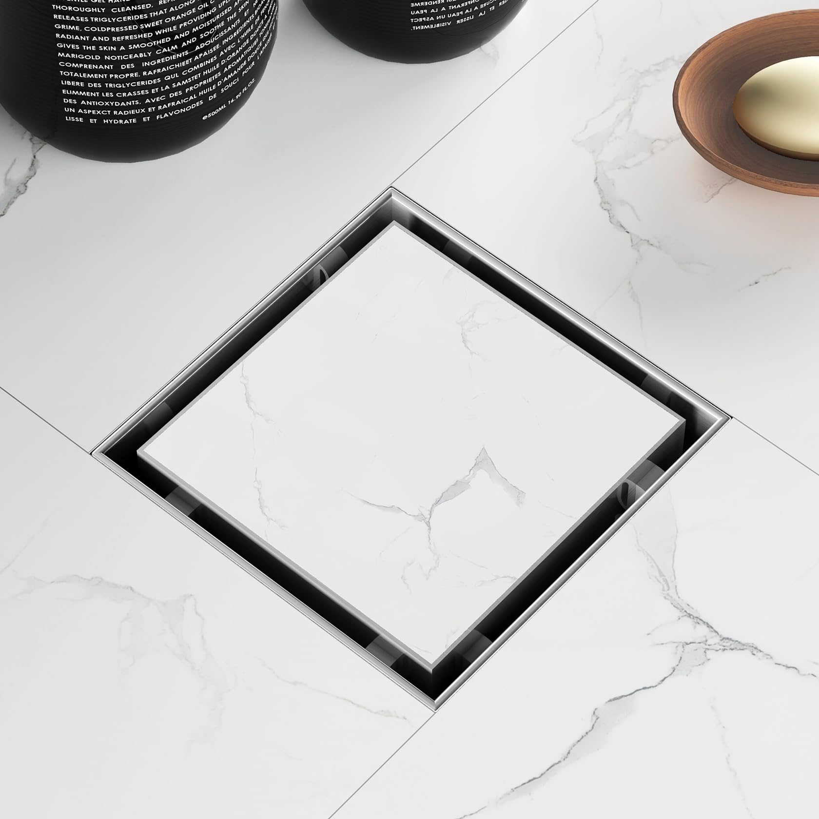 Photo 1 of Sharpeye 4 Inch Square Shower Drain with Removable Tile Insert Grate, Brushed 304 Stainless Steel Square Shower Floor Drain, Includes Hair Strainer, CUPC Certified
