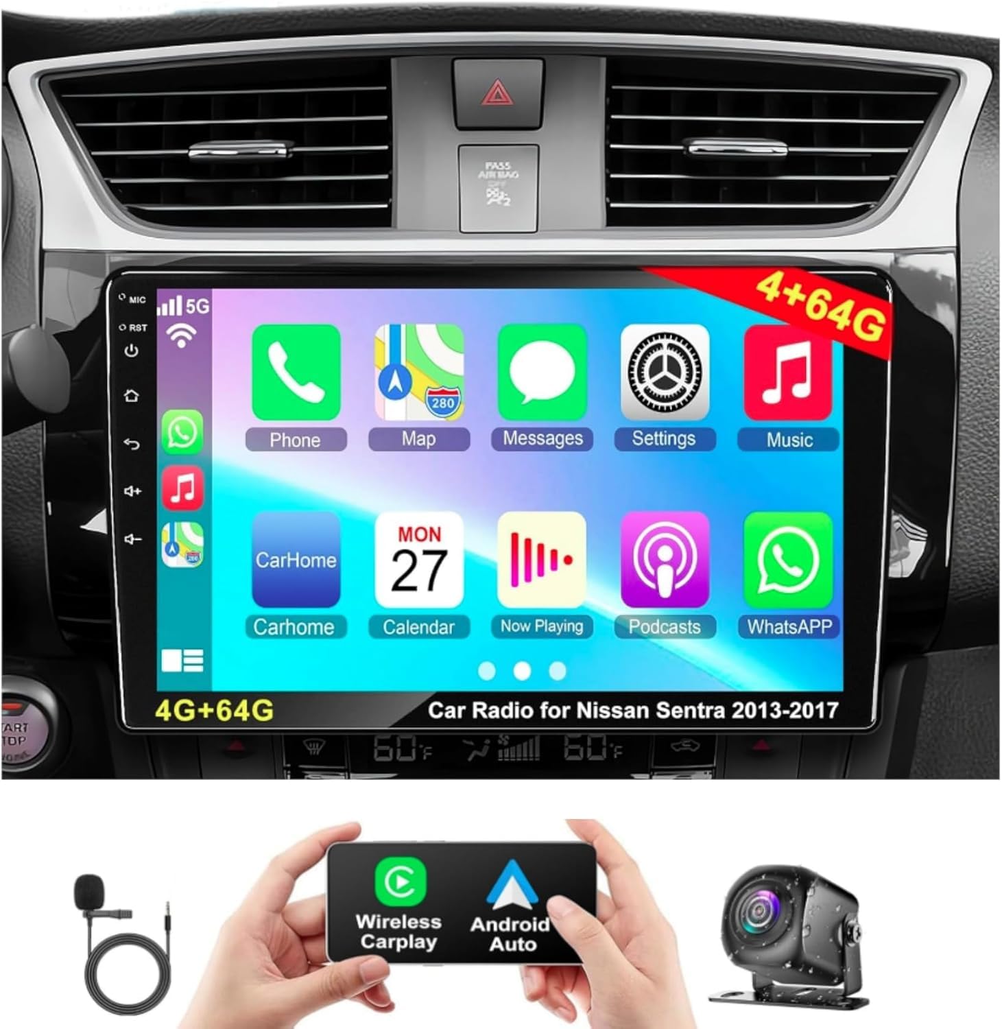 Photo 1 of (4G RAM+64G ROM) Car Radio for Nissan Sentra 2013-2017, Android 13.0 10.1 Inch 5G WiFi Sentra Stereo Support Carplay/Android Auto,GPS Navigation with Bluetooth,Backup Camera 1080P,SWC/FM Radio