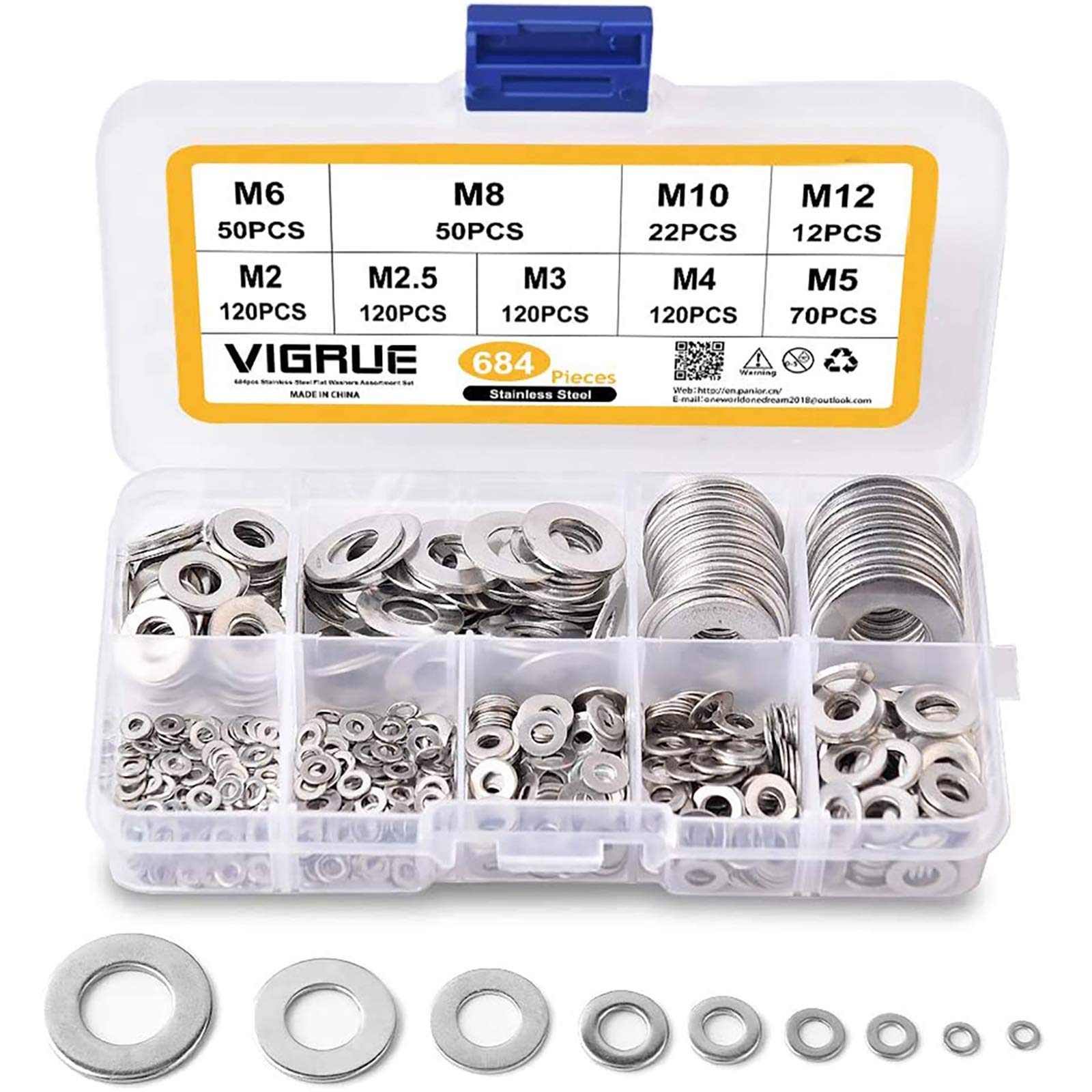 VIGRUE Stainless Steel Flat and Locking Washers Assortment Set - 684 Pieces, M2-M12, Flat Washers