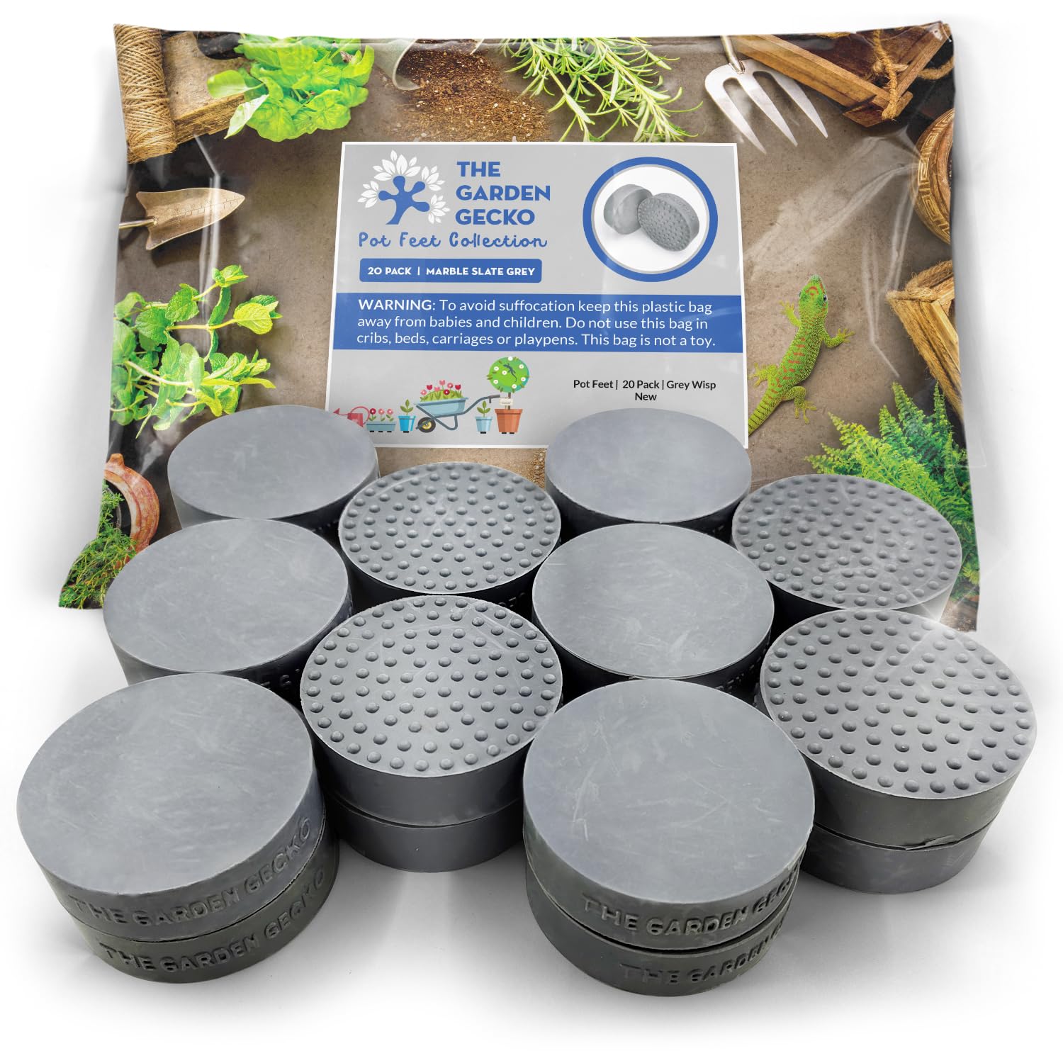 The Garden Gecko Invisible Pot feet for outdoor plant pots and flowers solid rubber pot risers with enhanced non-slip surface grip | 20 PACK | GREY WISP