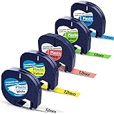 5-Pack Colored Label Tape 12mm x 4m (1/2" x 13') Compatible with Dymo Letratag Refills,Replacement for Dymo Label Maker Refills Plastic for Letratag LT100H LT100T QX50