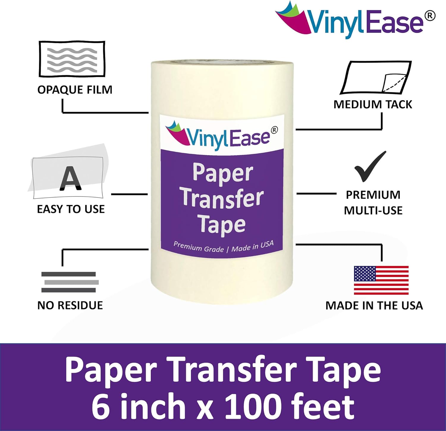 Vinyl Ease 6 inch x 100 feet roll of Paper Transfer Tape with a Medium to High Tack Layflat Adhesive. Works with a Variety of Vinyl. Great for Decals, Signs, Wall Words and More. American Made V0820: Arts, Crafts & Sewing