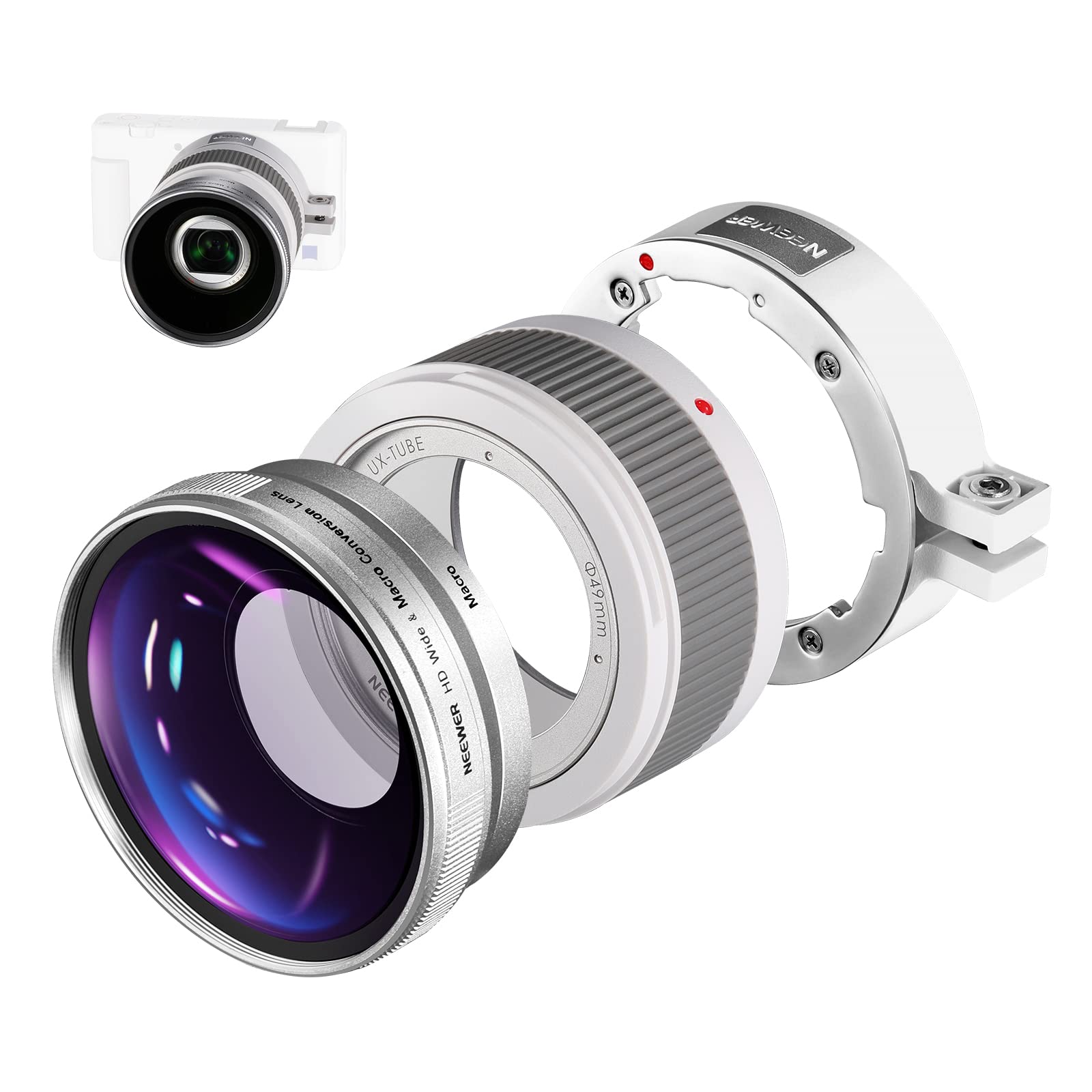 NEEWER 2 in 1 18mm Wide Angle Lens & 10X Macro Lens with Extension Tube, Bayonet Lens Adapter and Cleaning Cloth, Only Compatible with Sony ZV1 (White Frame)