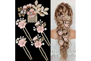 LAPOHI 5 PCS Bridal Flower Wedding Hair Pins Crystal Pearl Hair Clips Headpiece Gold Wedding Hair Accessories Jewelry with Rhinestone for Brides Bridesmaids Women Girls Updo(Cherry Blossoms Pink)
