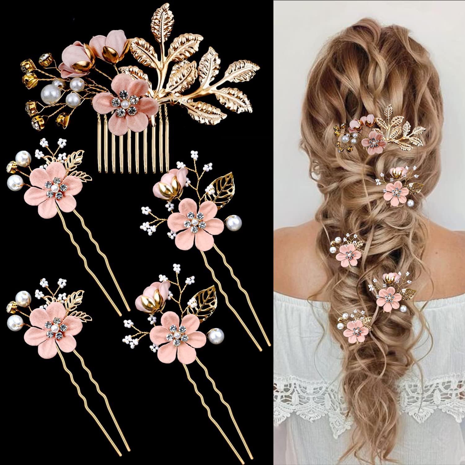 Photo 1 of 5 PCS Bridal Flower Wedding Hair Pins Crystal Pearl Hair Clips Headpiece Gold Wedding Hair Accessories Jewelry with Rhinestone for Brides Bridesmaids Women Girls Updo(Cherry Blossoms Pink)