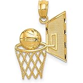 14k Yellow Gold Basketball Hoop Pendant with Backboard Design for Men Women or Teens, Symbolic Sports Charm Necklace for Athletes, Detailed Ball Going Through Net Athletic Spirit Jewelry