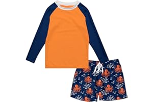 SunFocus Boys Long Sleeve Rash Guard Swimsuit Kids 2-Pieces Bathing Suits Set