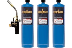Bernzomatic Trigger Start Torch (TS 8000 Torch + 3 Propane Gas Cylinders) (8000 + 3 Pack Blue)