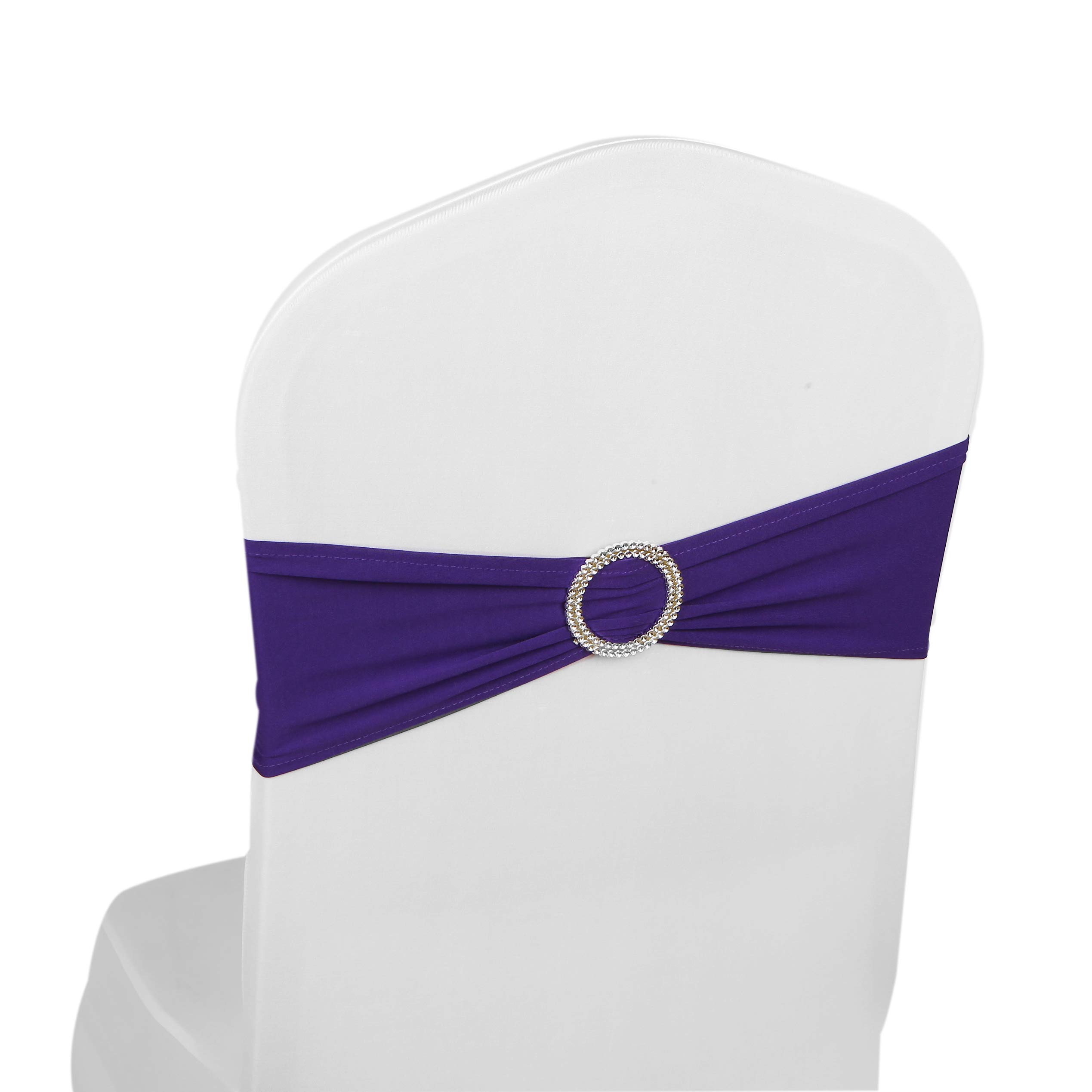 Elastic Stretch Spandex Chair Covers Sashes Bands With Buckle Bows For Wedding Home Party Suppliers Decorations (Dark Purple, 50PCS)