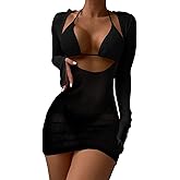 Lilosy Sexy Crochet Sheer Long Sleeve Cover Up Bikini Set Swim Bathing Suit Beach Dress 3 Piece