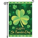 Louise Maelys Happy St Patrick's Day Garden Flag Lucky Shamrock Clover 12x18 Inch Double Sided Small Burlap Welcome Saint Patricks Spring Holiday Yard Outdoor Outside House Decor