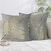 Bonhause Grey Gold Leaves Throw Pillow Covers 18x18 Set of 2 Gold Foil Stamping Decorative Pillow Cases Soft Velvet for Sofa Bed Home Decor