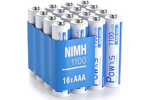 POWXS AAA Rechargeable Batteries, 1.2V 1100mAh Ni-MH Pre-Charged Triple AAA Batteries, High Performance & Long Lasting - 16 Count