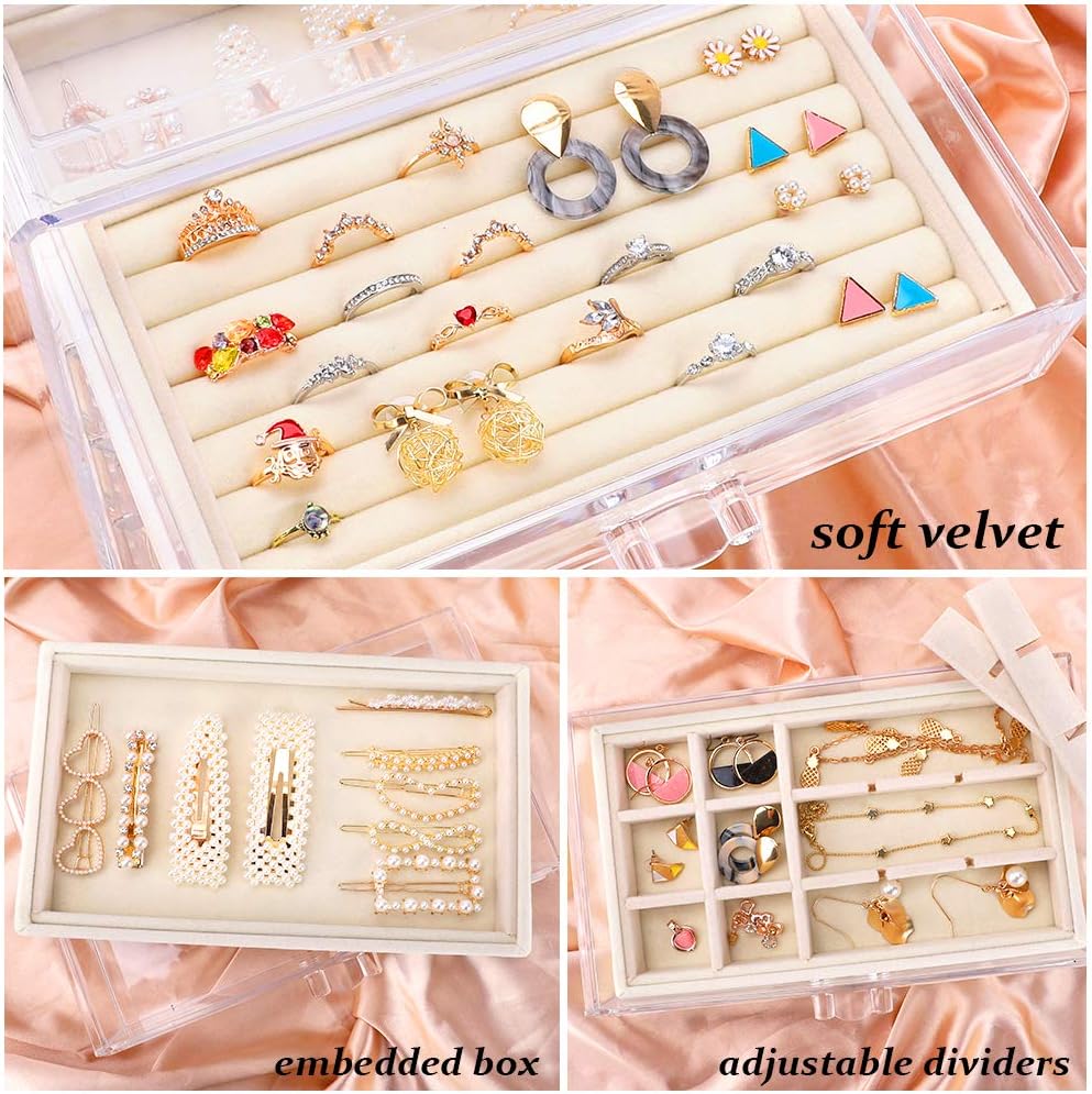 Mebbay Acrylic Jewelry Box with 4 Drawers, Velvet Jewelry Organizer for Earring Necklace Ring & Bracelet, Clear Jewelry Display Storage Case for Woman, Beige: Home Improvement
