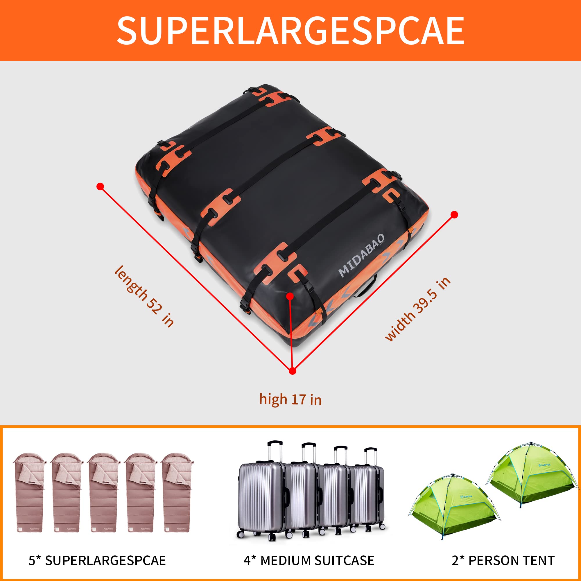 Rooftop Cargo Carrier Bag - 20 Cubic Foot Waterproof Car Top Storage With 10 Straps