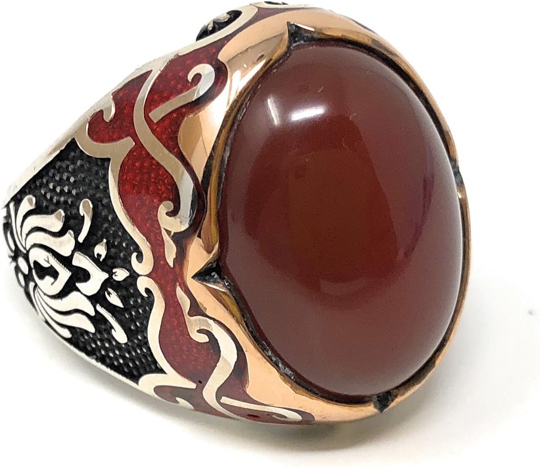 925K Sterling Silver Red Agate (aka Aqeeq/Akik) Men's Enameled Ring K63O Special Ed. 17gr