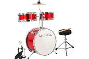 NUOSHENG Kids Drum Set 3-Piece for Beginners, 13 Inch Drum Kit with Adjustable Throne, Cymbal, Pedal & Drumsticks, Junior Drum Set with Bass Tom Snare Drum, Red