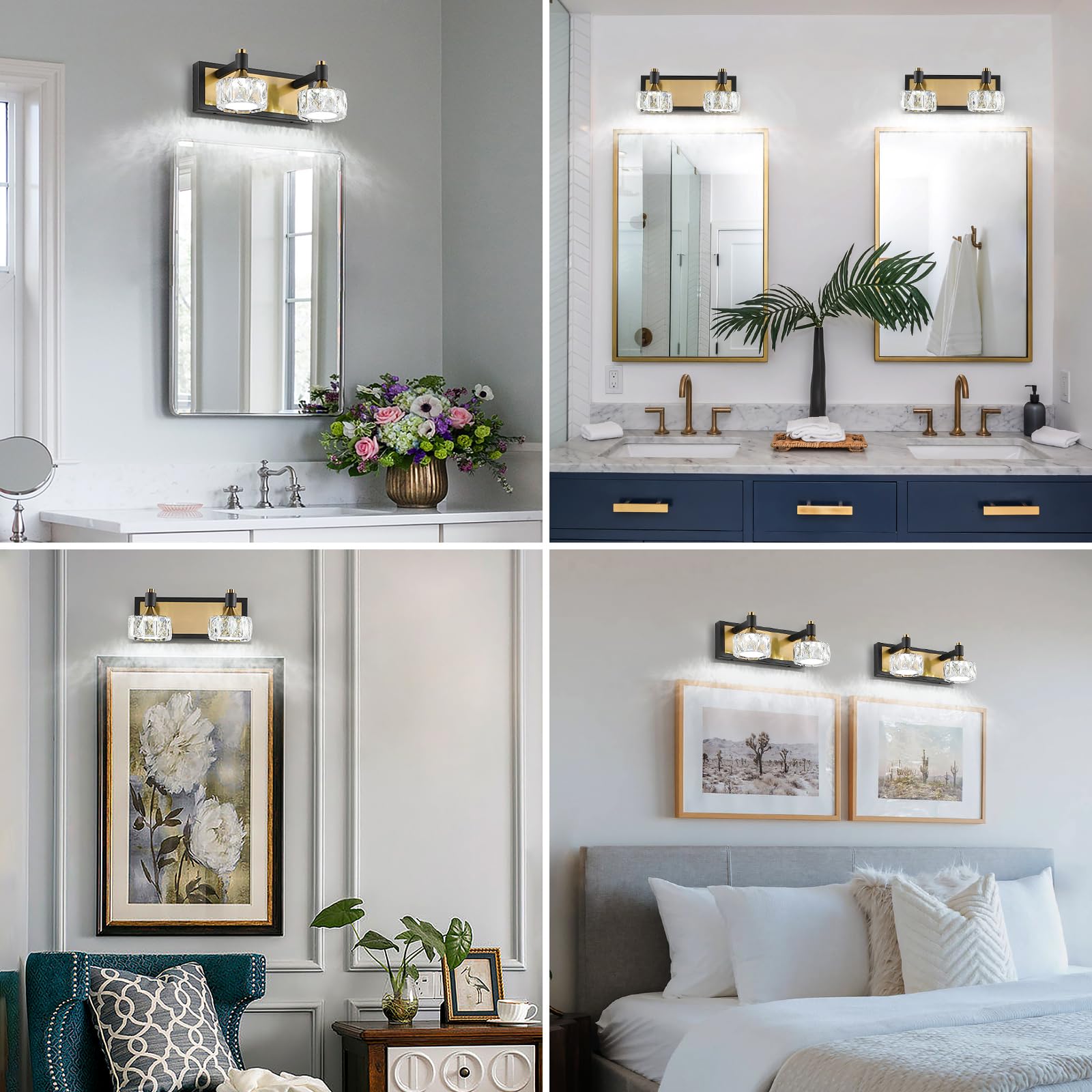 Crystal Wall Sconces Black Gold Wall Light Fixtures Bedroom Wall Lights with Glass Shade Modern Sconces Wall Lighting Black Sconce for Living Room Bathroom Wall Lamp