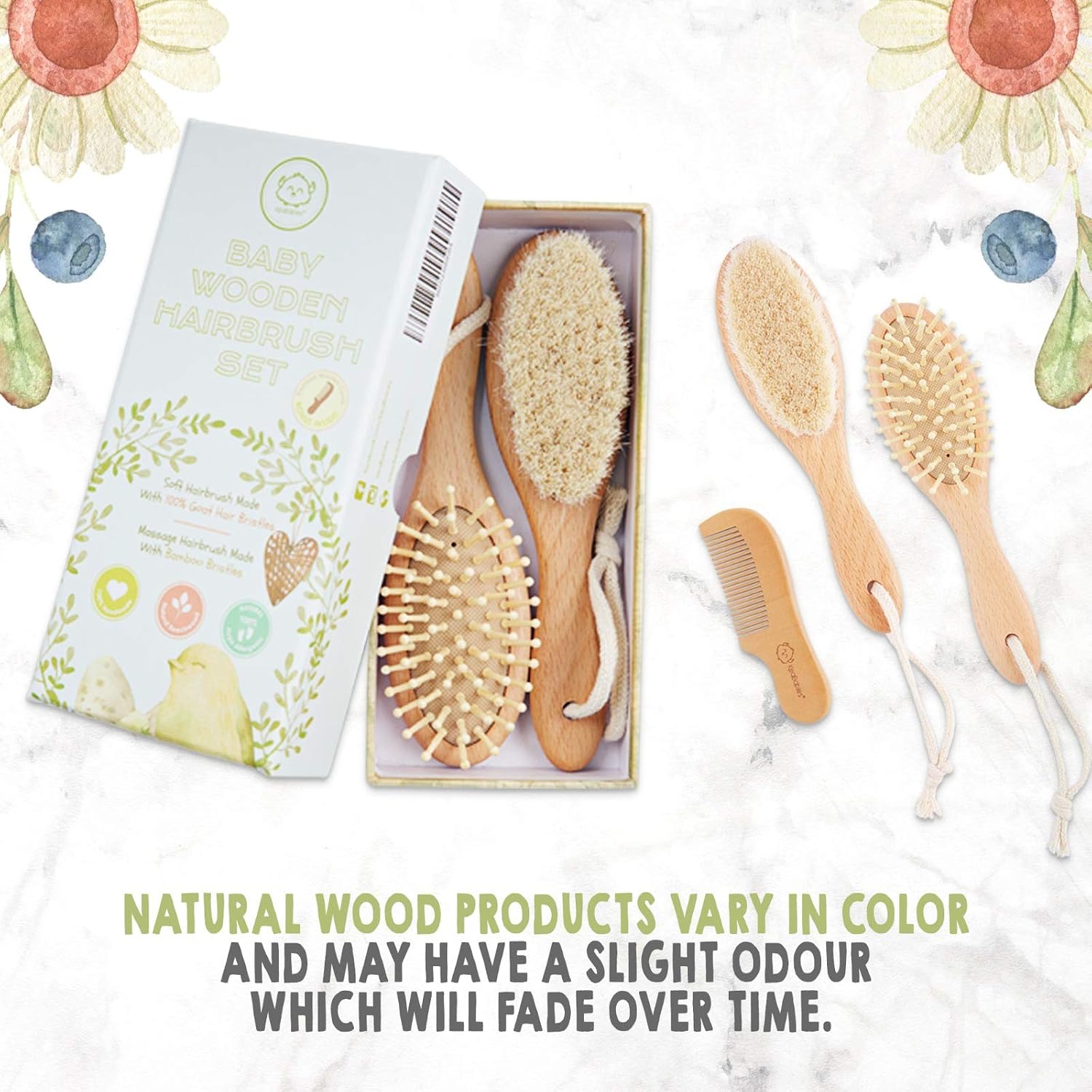 Baby Hair Brush and Comb Set for Newborn - Wooden with Soft Goat Bristle, Newborns Girl, Boy, Toddler Cradle Cap (Oval, Walnut) - Image 4