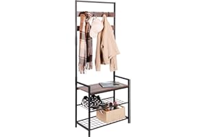 HOMEKOKO Coat Rack Shoe Bench, Hall Tree Entryway Storage Bench, Wood Look Accent Furniture with Metal Frame, 3-in-1 Design (Dark Brown)