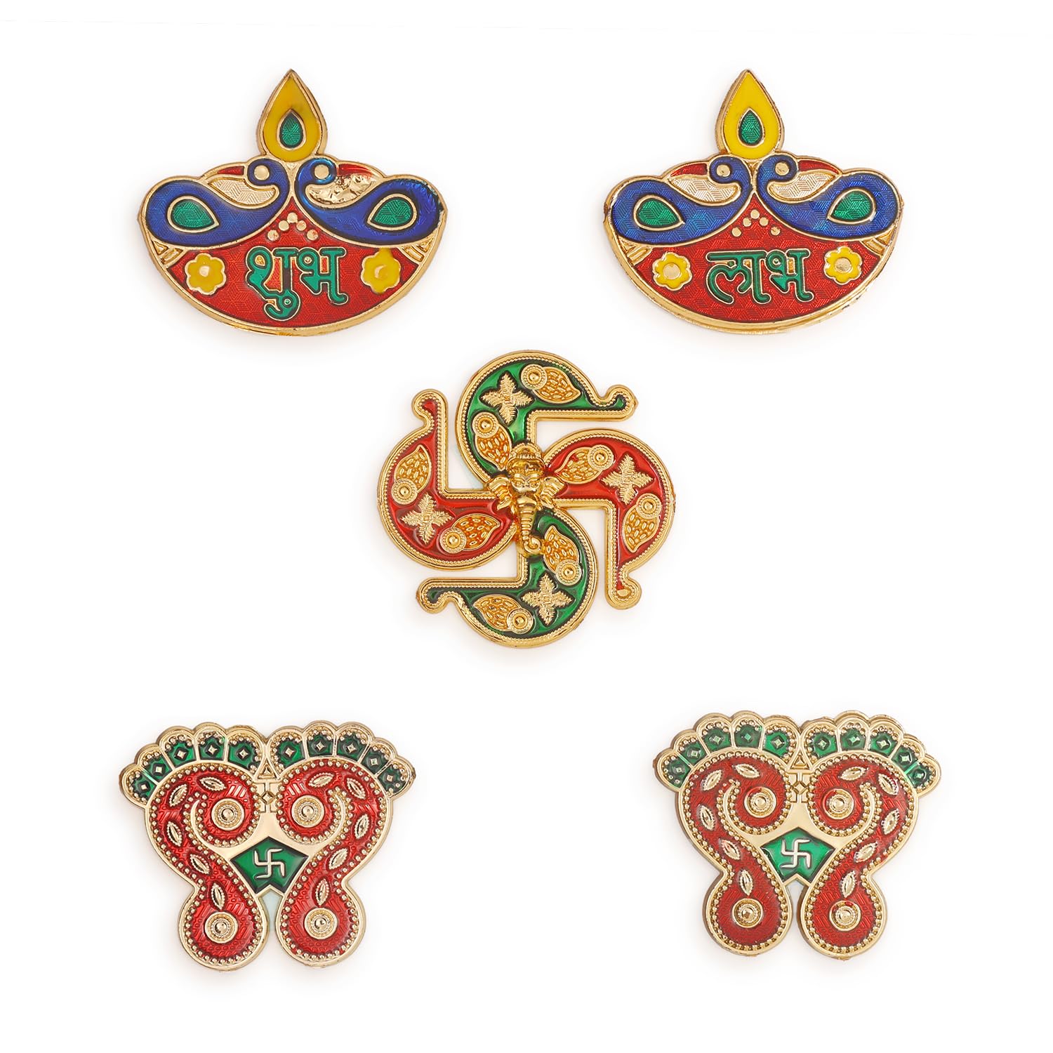 Photo 1 of **4 PCS**ARTISENIA Diya Shubh Labh with Laxmi Charan Paduka Pagala | Diwali Rangoli Floor & Door Decoration | Traditional Table Decor with Studded Stones & Sequins | Shubh Labh Ganesha Décor | Size 2.5x2.5