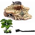 Moonorange Turtle Basking Platform Kit, Reptile Habitat Hideout, Decorative Resin for Aquarium & Terrarium, Including Artificial Plant and Cleaning Brush.(C-Medium-Yellow)