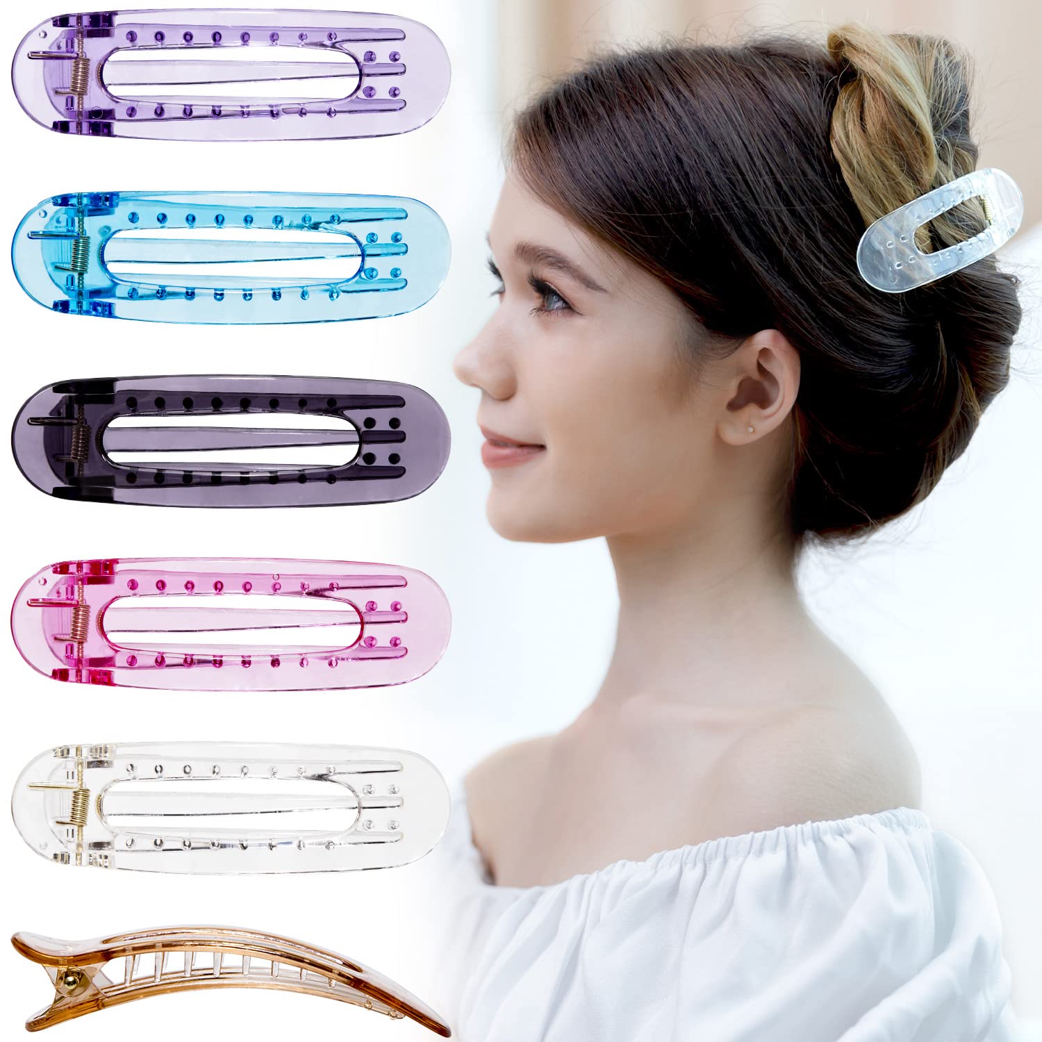 RC ROCHE 6 Pcs Flat Claw Hair Clips for Women Lay Down Barrettes No Crease Side Slide Thick Long Hair Duckbill French Against Head Jaw Claw Styling Jumbo Extra XL Clamp, Large Transparent