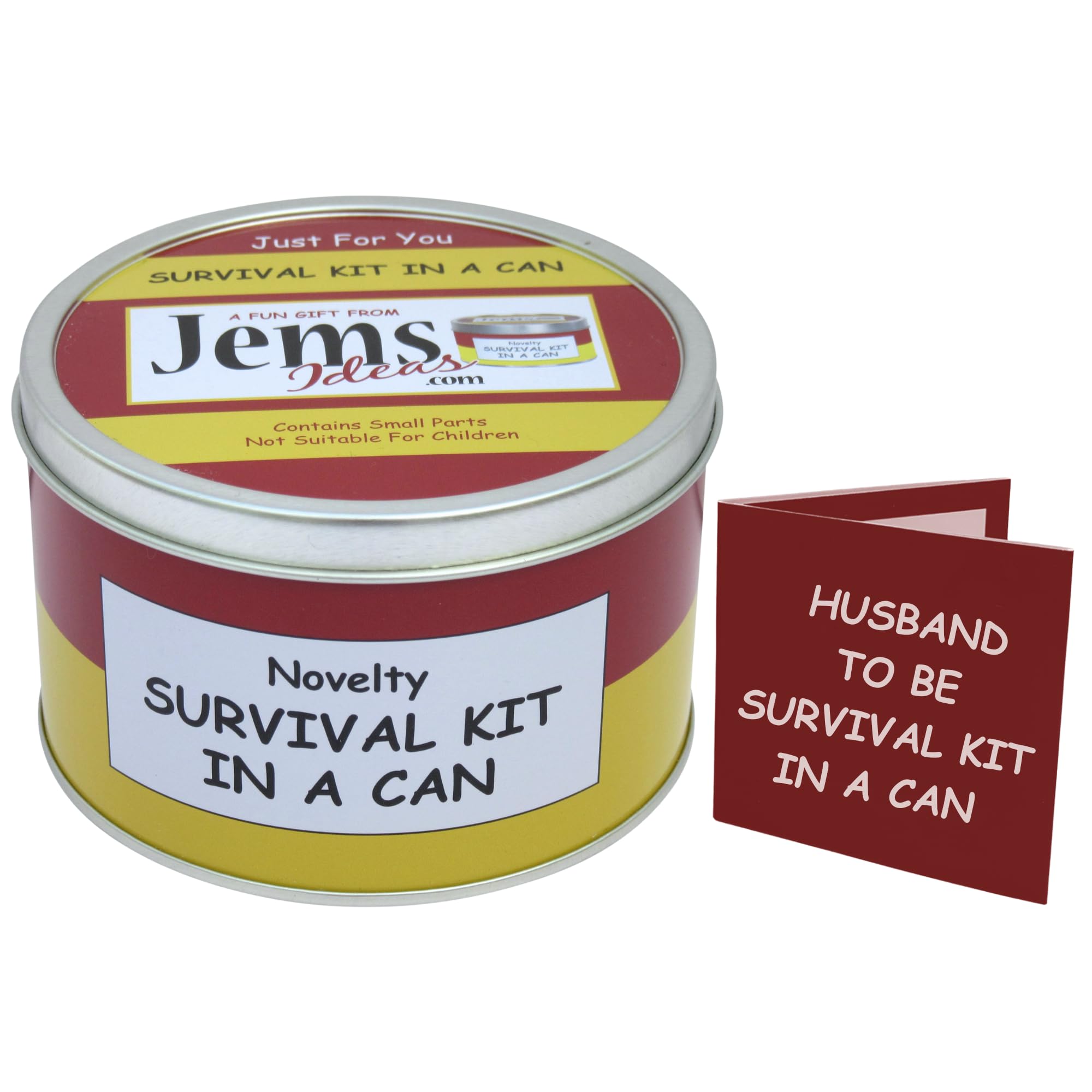 Survival Kit In A Can Husband-To-Be Funny Novelty Gift for Groom – Wedding Day Present & Card – Humorous Gift for Him, Groom-To-Be, Fiancé – Quirky Keepsake Box Gift Set (Red/Yellow)