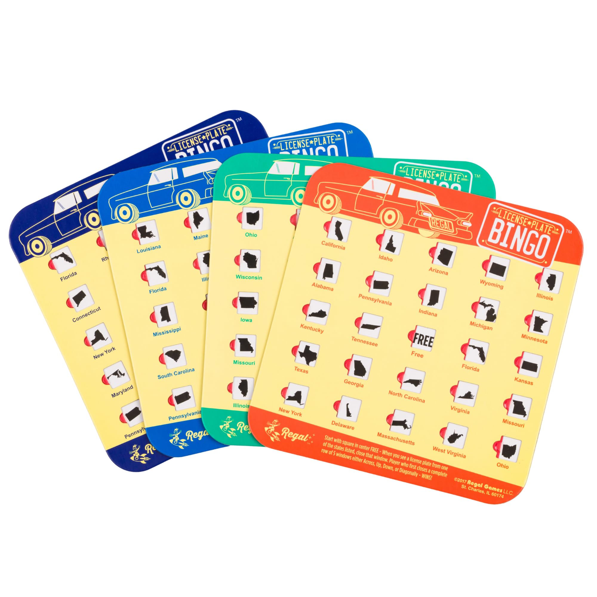 Photo 1 of Regal Games Finger-Tip Shutter Bingo Cards with Sliding Windows - License Plate & Travel Bingo Game Set for Adults & Kids - Reusable, No Chips & Daubers Needed - 4 Packs - Yellow