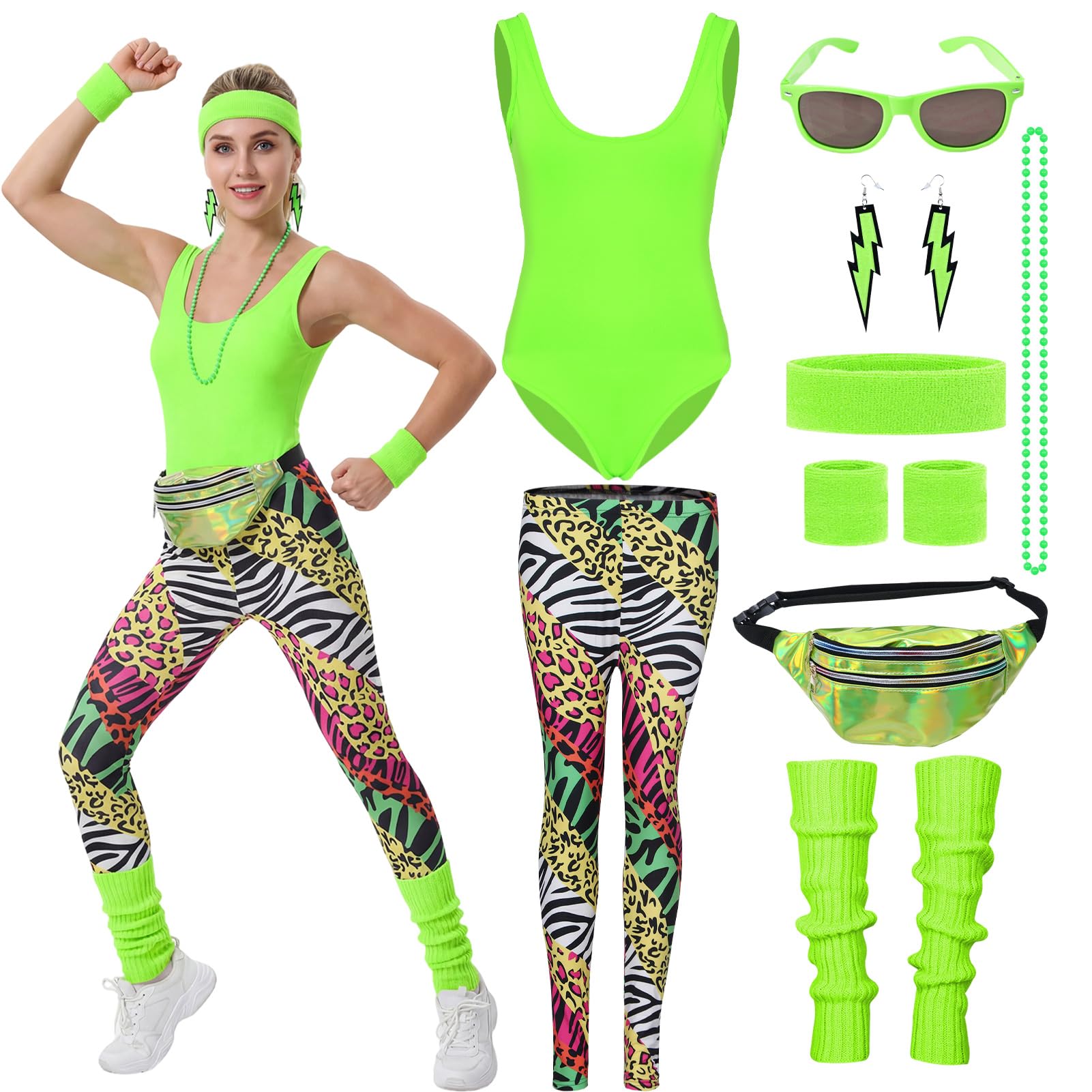 Aleshime 80s Fancy Dress Costume for Women – 80s Workout Outfit with Neon Bodysuit, Animal Print Leggings & Retro Accessories for 1980s Theme Party, Hen Do, Festival