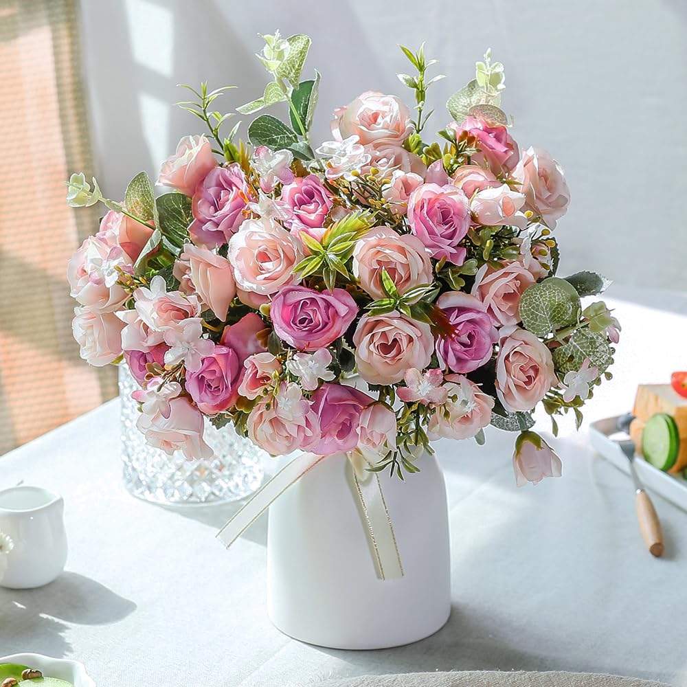 LESING Artificial Silk Rose with Vase Fake Flowers Wedding Flowers Bouquets Arrangement Home Office Party Centerpiece Table Decoration (Pink)