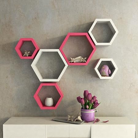 Artesia Decorative Hexagon Shape Wall Shelf with 6 Shelves (Pink and White)