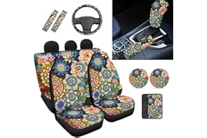 TOADDMOS Boho Vintage Floral Mandala Car Accessories Seat Cover+Shift Knob Handbrake Protector+Steering Wheel Cover+Seat Belt Pads+Armrest Box Cover+Coaster, Set of 12, Stretch Universal