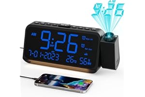 350° Rotatable Projection Alarm Clock, Dual Alarm and Nightlight, Adjustable Brightness and Volume, USB-A & Type-C Charging, 