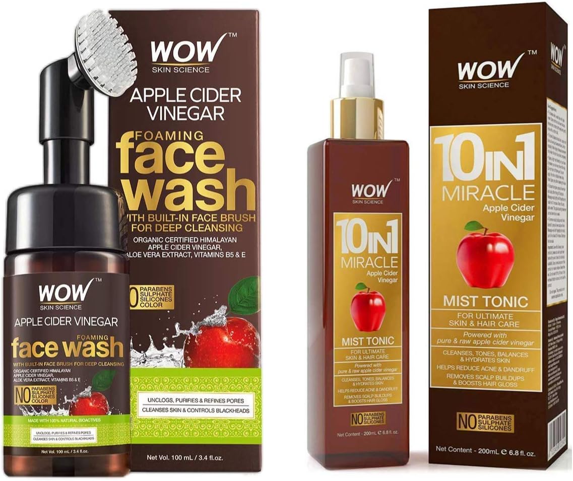 WOW Apple Cider Vinegar Face Wash W/Brush and Facial Mist Toner Spray Bundle Kit - Gentle Exfoliating Bristle Brush Daily Cleanser - Hydrate For Soft, Smooth Skin - Natural Skin Care Set - 100mL (x2)