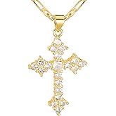 Kyhvoux 14K Gold Plated Women's Cross Necklace, Cubic Zirconia Copper Cross Pendant, Valentine's Mother's Day Gifts for Her with Jewelry Box Figaro Link Chain, Alloy Brass CZ Diamond Bridal Wedding