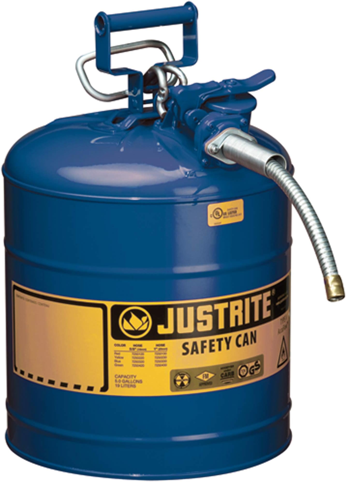 Justrite AccuFlow 7250320 Type II Galvanized Steel Safety Can with 5/8" Flexible Spout, 5 Gallon Capacity, Blue